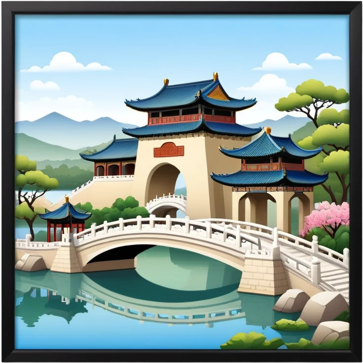 Summer Palace in Beijing with lake and bridge, Chinese garden architecture, emoji style emoji