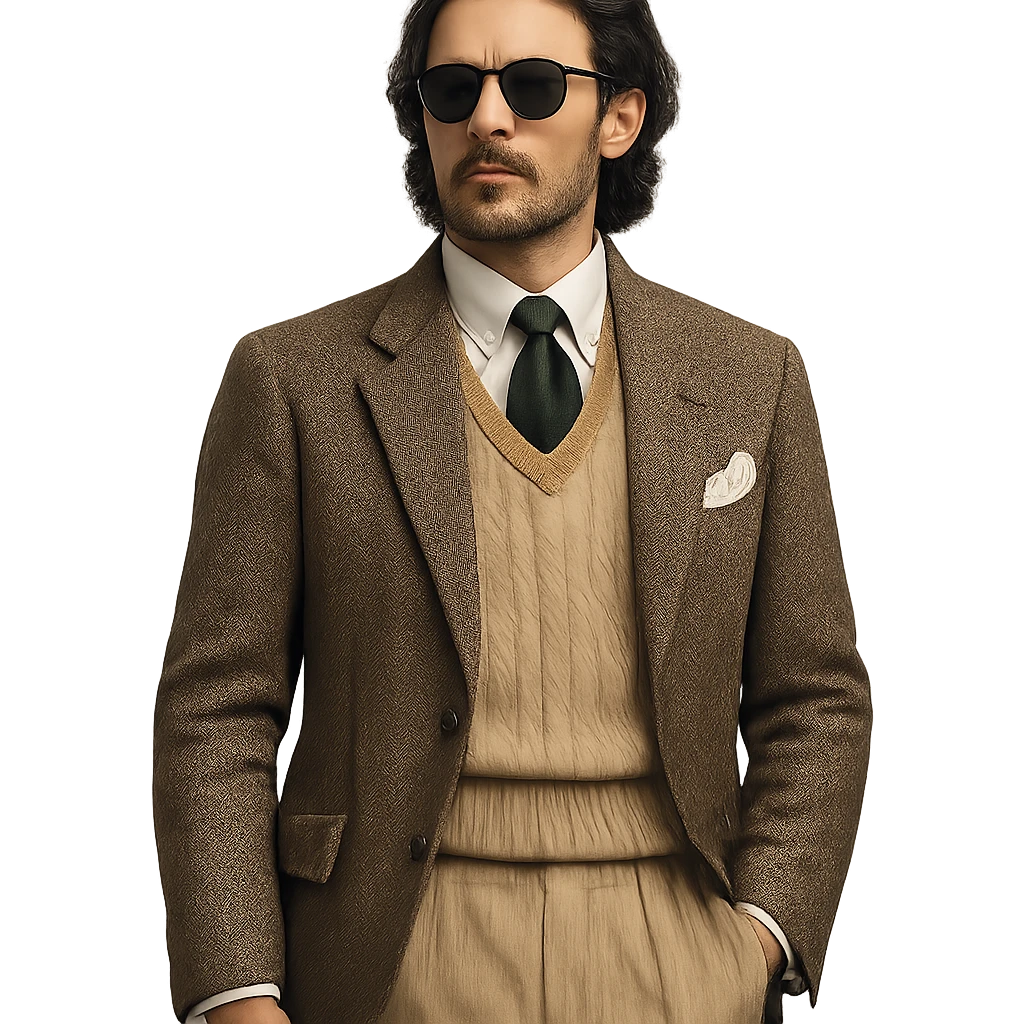 a rich man in old money style, wearing sunglasses, with medium-long black hair, vintage preppy aesthetic emoji