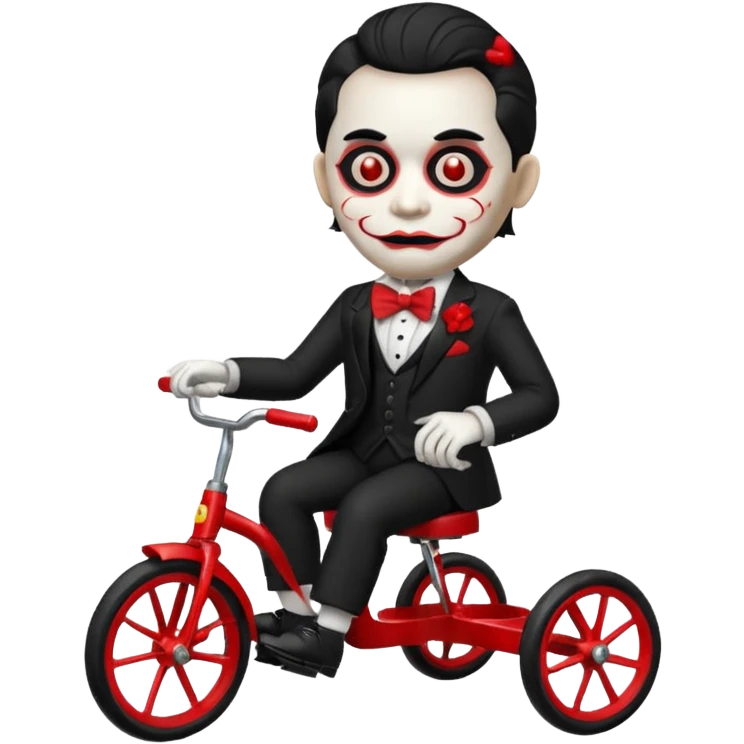 Billy the puppet from Saw, emoji style, white face, red bow tie, black suit, riding a red tricycle emoji