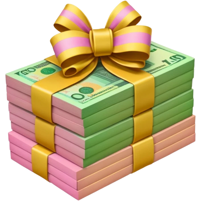 Bright Green & Golden Yellow Gradient Australian $100 notes stacked together and wrapped in a pink bow emoji
