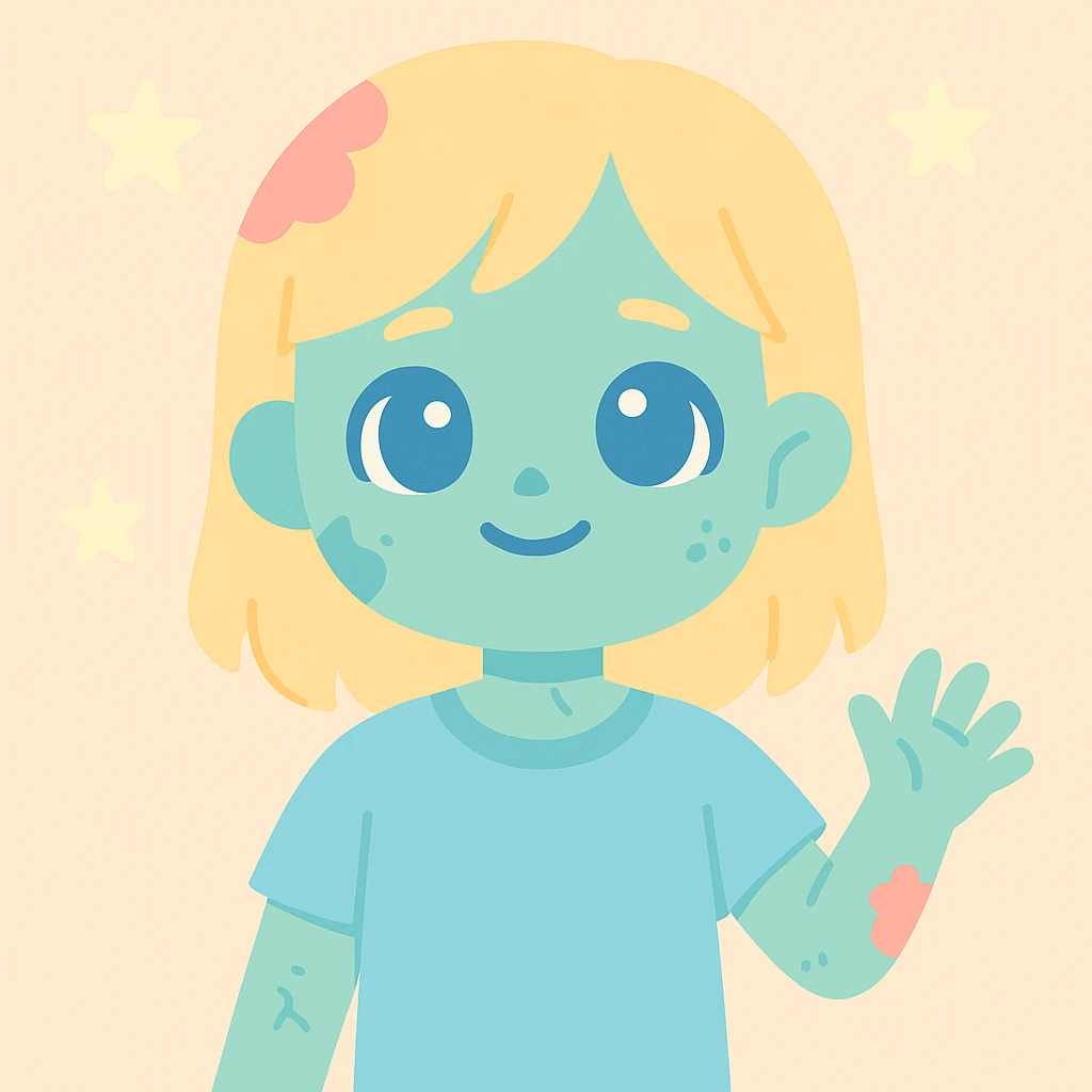 cute zombie boy with long blond hair blue eyes subtle decay details soft friendly style emoji