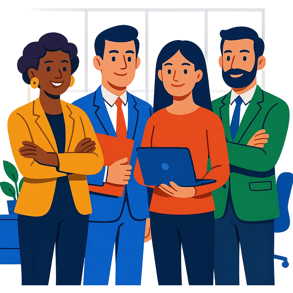 agency team, professional group, modern office, diverse people, clean background, vibrant toon style emoji