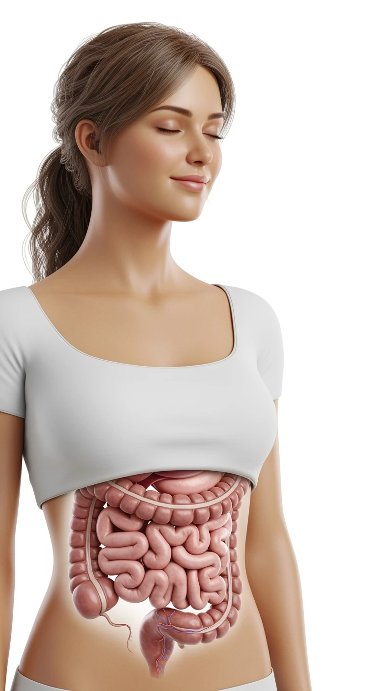 DONNA serena CON INTESTINO UMANO ANATOMICO VISIBILE, ISOLATO SU SFONDO BIANCO emoji