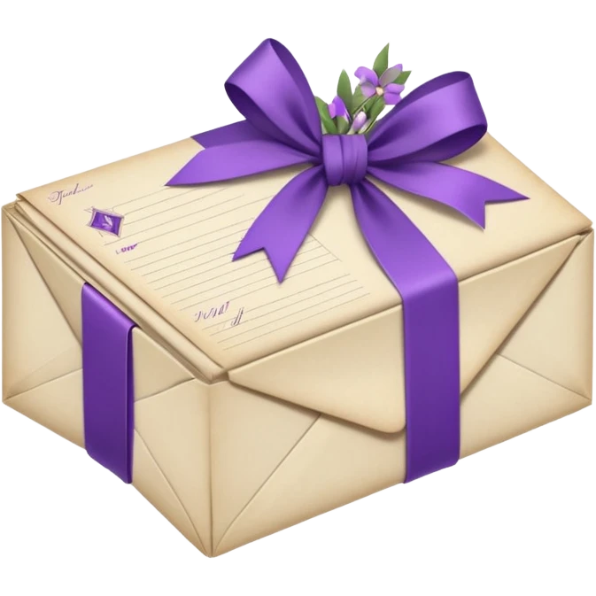 A beautifully arranged Stack of aged letters, tied with a purple ribbon, envelopes, corespondence, aesthetic, purple flower petals around, mails emoji
