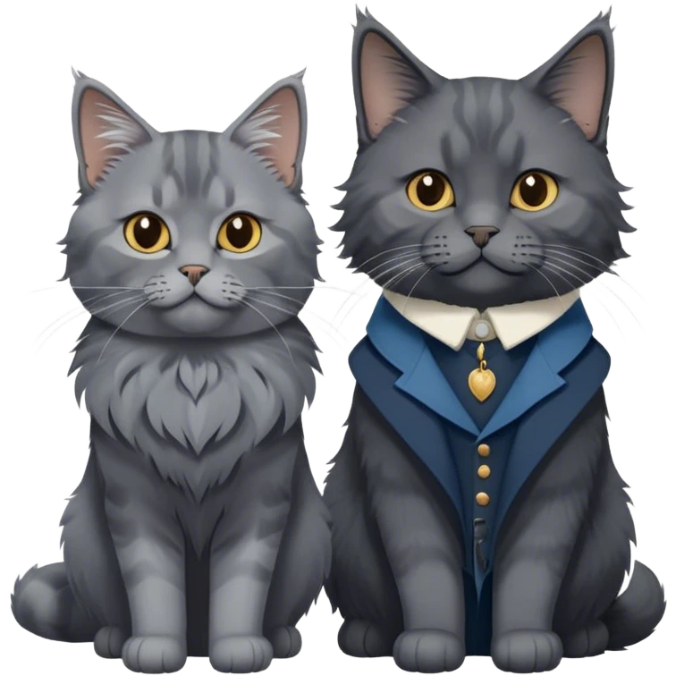 Portrait of a black smoke Maine Coon cat with long grey ear tufts and a thick grey collar, alongside a British Shorthair cat with a solid blue coat. Both cats with detailed fur textures and playful expressions. Soft, elegant background with warm, natural tones. Transparent background. emoji