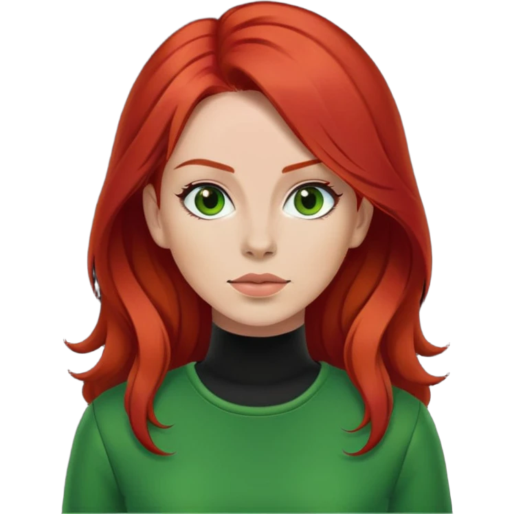 woman standing with red hair and green outfit, black outfit emoji