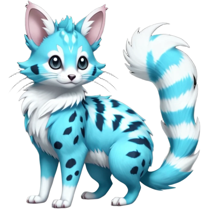 Hyper realistic  neon-cyan fur streaked with lightning-white scars and glassy shine beautiful elegant pretty precious cute  Fakémon-Pokémon-opossum-feline-serval-caracal-chinchilla-Furret-Minccino-hybrid-creature with a big fluffy bushy tail (full body) emoji