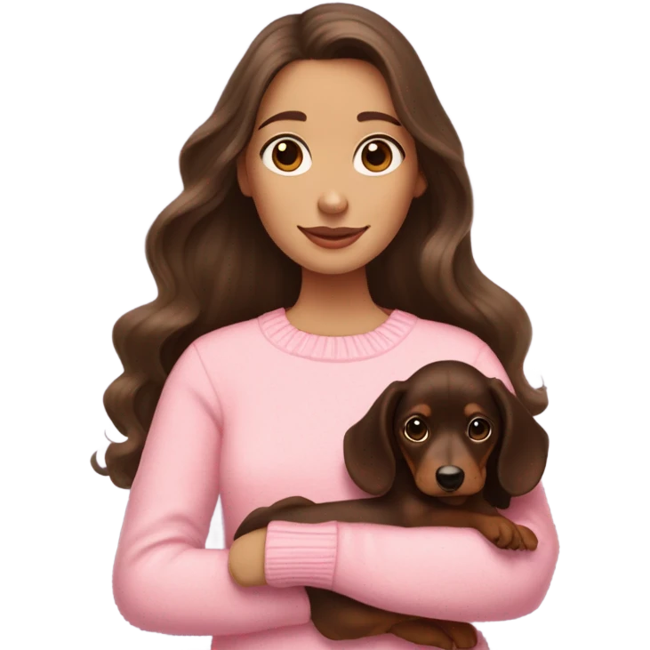 Dark Brunette white girl with long wavy hair in a pink sweater holds a dark brown and cream dachshund long-haired puppy in her arms emoji
