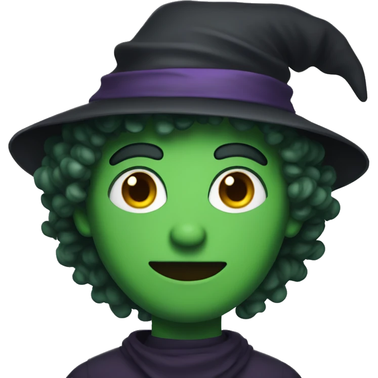 Man with green skin and curly hair wearing a witch hat emoji