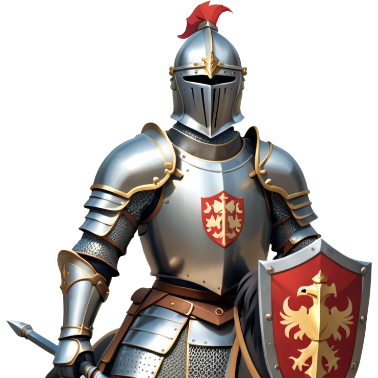 clash-of-clans-aesthetic_-cinematic-fearsome-and-majestic-knight-bust-portrait-emoji, rendered in a flat, vector-style with minimal shading and bold, simplified shapes, depicting a battle-ready medieval knight with steely eyes and intricate armor, mounted on a heavily armored warhorse with gleaming plated barding reflecting sunlight over a misty battlefield. emoji