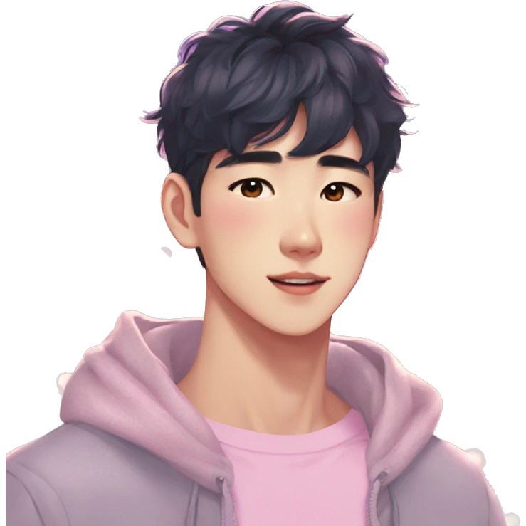 Gorgeous bright sparkly romantic Asian anime pastel guy with blushing face aesthetic trending style outside emoji