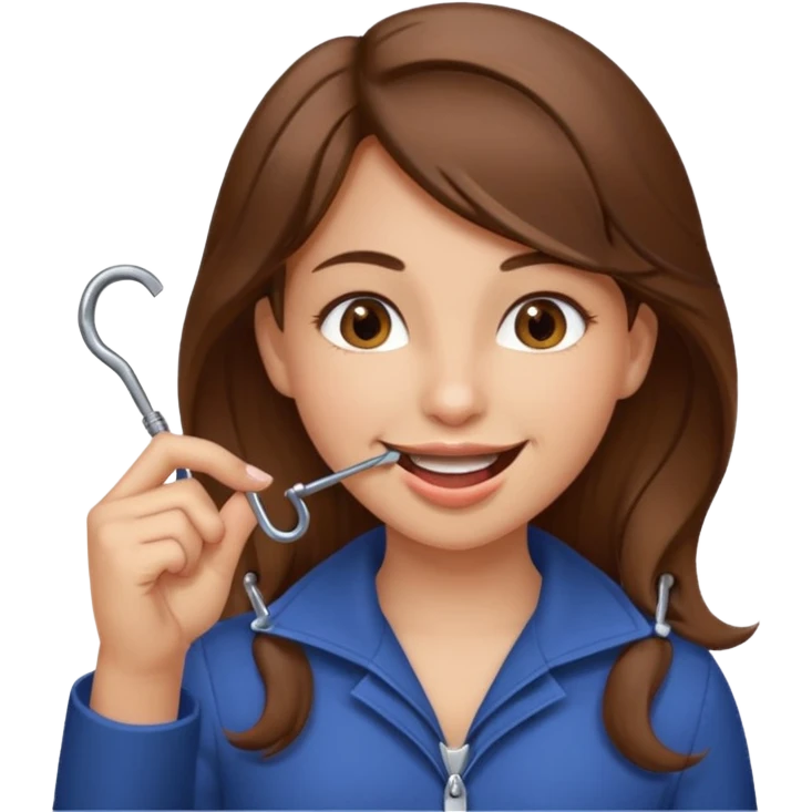 Emoji Fille cheveux long et brun yeux brun et que elle mette un doigt dans sa bouche qui forme un crochet et que elle fait un sourire  emoji