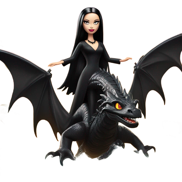  beautifully dressed teen Morticia Addams beach Barbie Jedi flying on the back of a very large black shiny evil-looking fire-spewing dragon. proper scale emoji