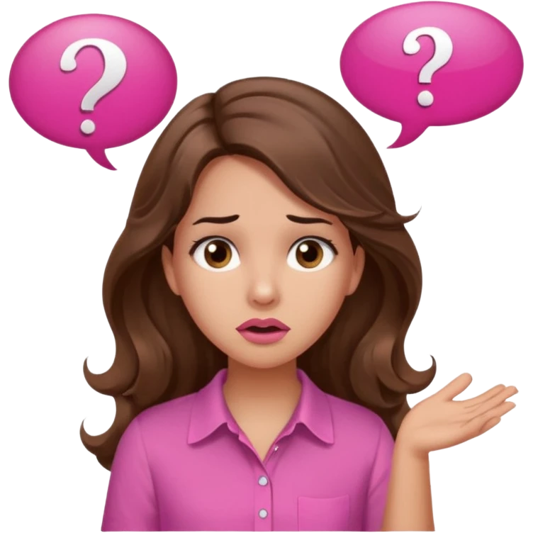 girl with long wavy brown hair, brown eyes, light to medium complexion, in a pink shirt, pink lips, long lashes, confused, question mark one speech bubble emoji