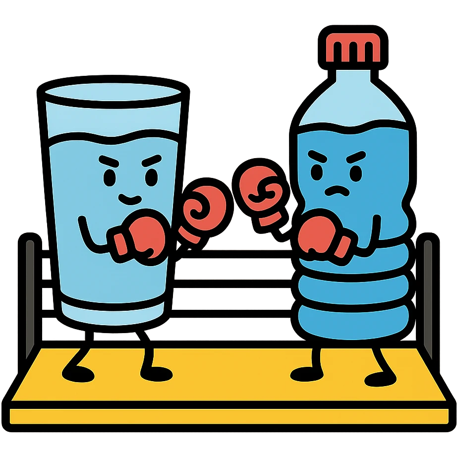 tap water and plastic bottle as boxing characters facing each other on a ring, with gloves and fighting poses, color outline style emoji