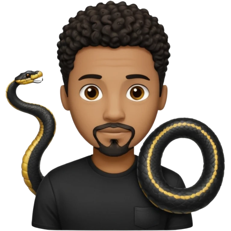 Homme noir de peau,  yeux marron avec un bouc sans la moustache, cheveux noir court et bouclé crépus avec un dégradé sur le côté, avec un cobra à côté , t-shirt noir  emoji
