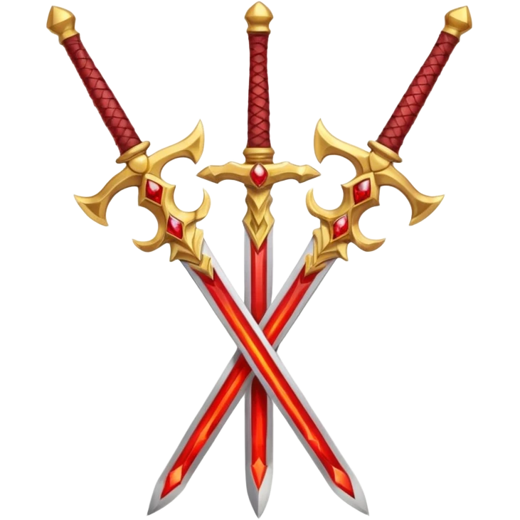 Two crossed swords that are golden in blade and handle and have fiery and royal appearence to them as well as red gem stones emoji