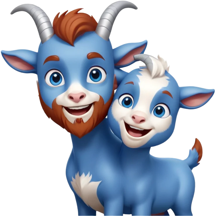 Small Blue goat whole body pretty smiling excited blue eyes female and white adilt superman with reddish hair and beard with blue eyes emoji