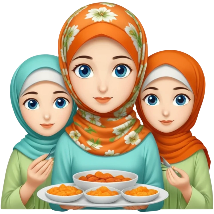 Three sister Turkish girls beautiful finish Konya blue eyes with orange floral hijab and light green dress and make turkish Breakfast emoji