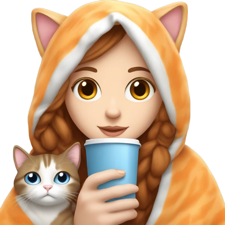 White girl with blue eyes and brown hair sipping coffee. With an orange and white cat. They’re cuddled up in a blanket  emoji