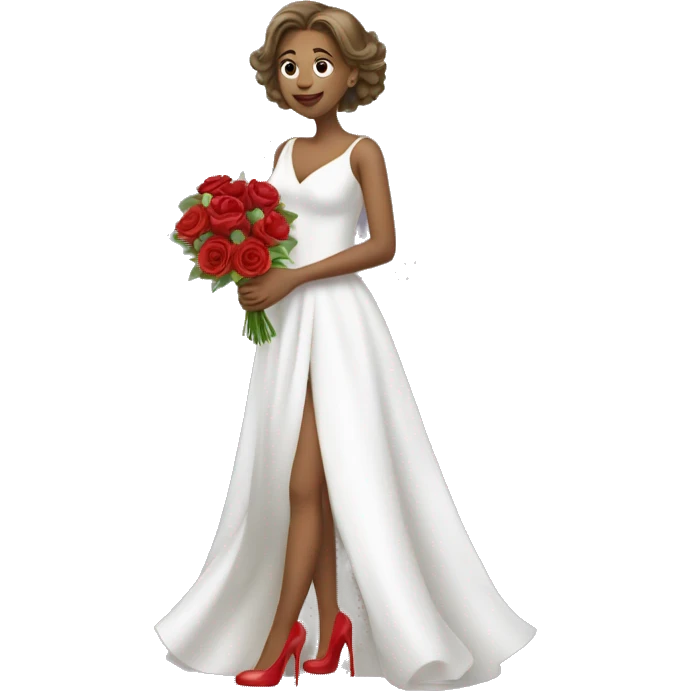 a girl holding a bouquet of flower wearing a white gown with red high heels and looking into the mirror emoji