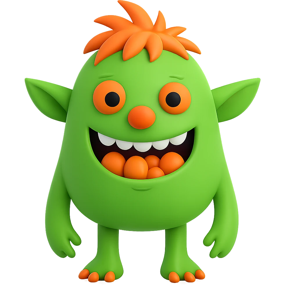 Make the monster Kelly green, give it a more oval face, and make it look friendlier. Keep the orange nose and orange hair. Preserve transparent background. emoji