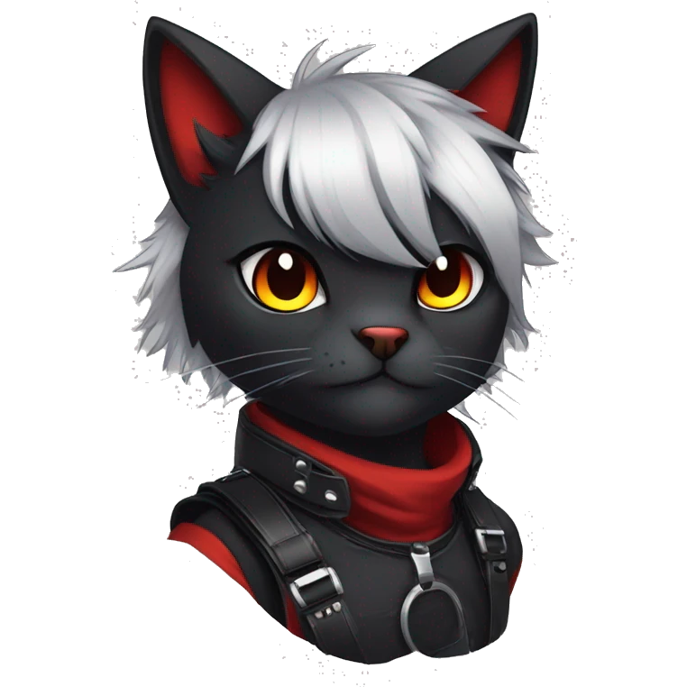 Anthro Edgy Cool Beautiful Black Cat-Fursona-Fakemon with Emo Hair-bangs with Red Streaks Chest Harness emoji