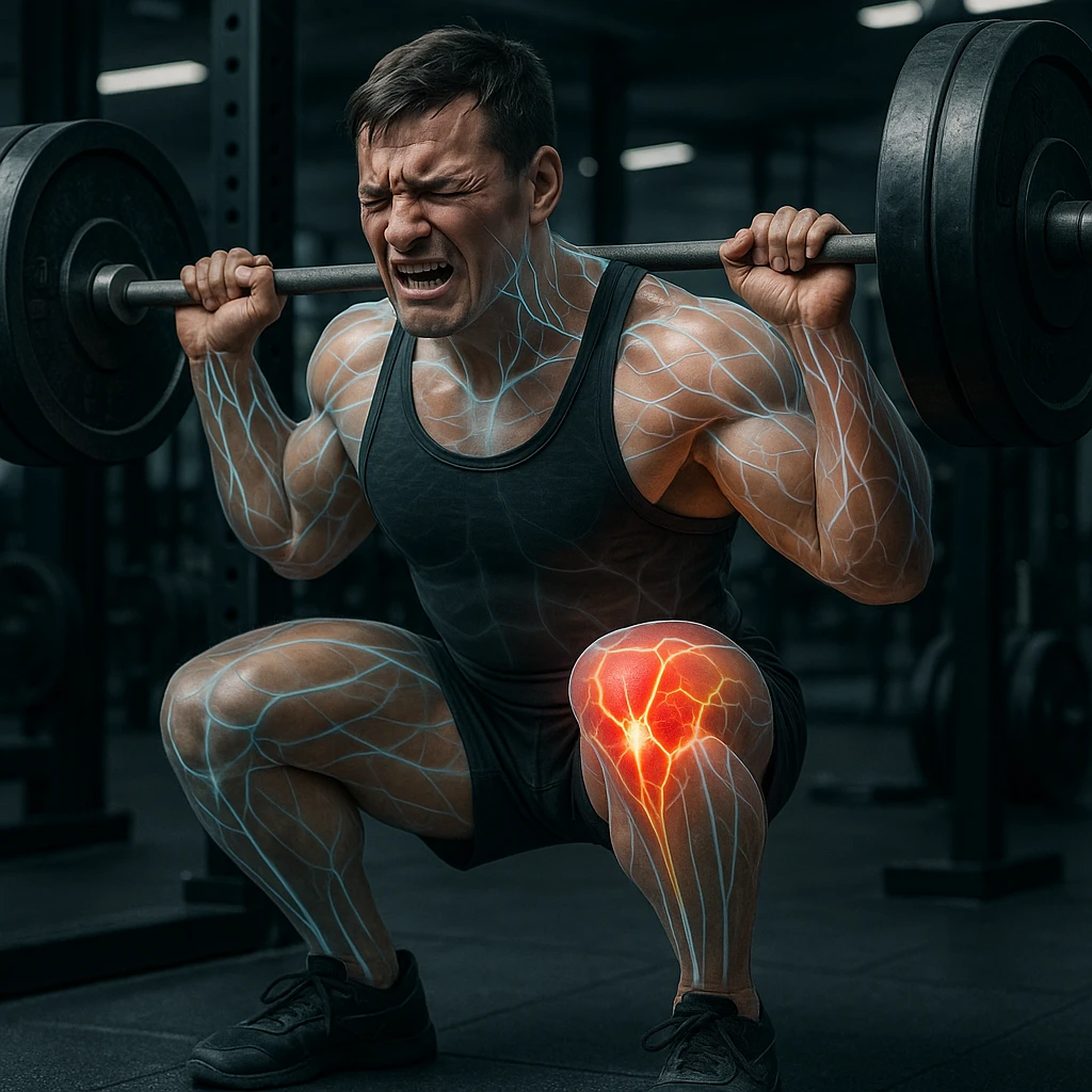 Powerlifter in weight room, muscles and nerves highlighted with glowing or transparent effect, injured and reddened knee tendon, expression of pain, scientific details, gym background emoji