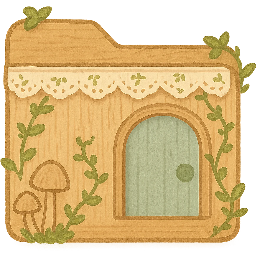 Cottagecore File Explorer icon: folder with a blue arch, made of wood and fabric, adorned with mushrooms, ivy, and lace, matching the cozy, natural style of previous icons, no words, transparent background. emoji