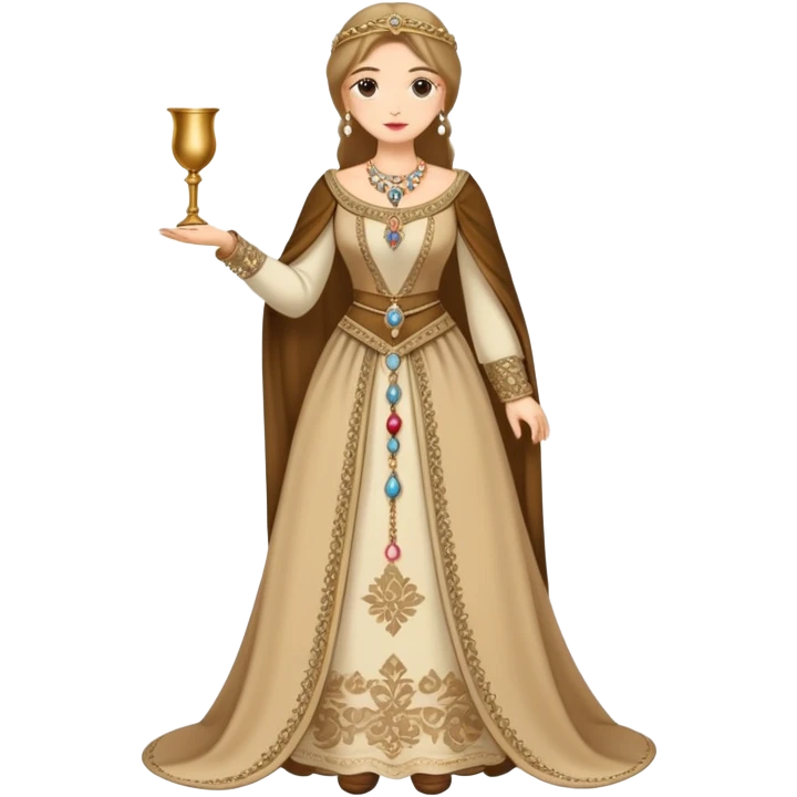 Full body of wealthy medieval townswomen in elegant dress with jewelry and fine embroidered clothing emoji