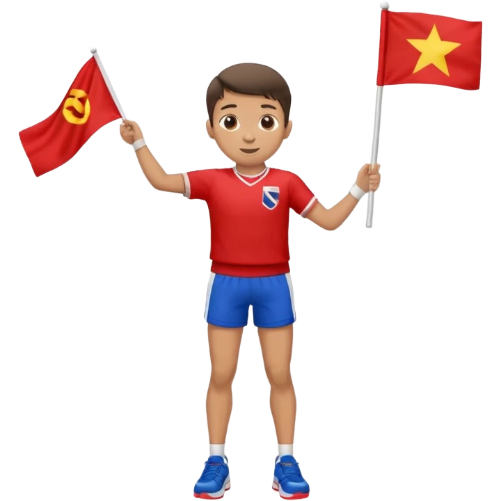 A boy in a jersey, excitedly lifting a small handheld flag and shorts with simple sport shoes emoji