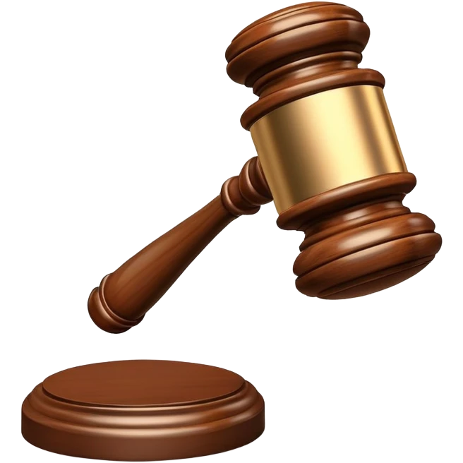 An emoji representing justice and penalty. A wooden judge's gavel striking a sound block, symbolizing a legal decision or punishment. The design is simple, 3D, and slightly glossy, resembling official court decisions emoji