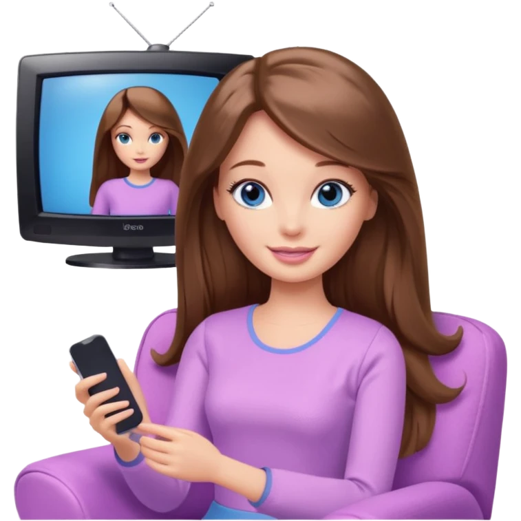 beautiful barbie girl with long brown hair, blue eyes and wearing light purple clothes watching tv emoji