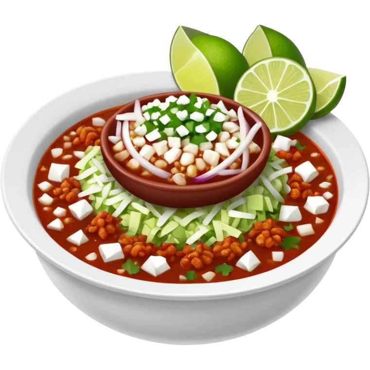 A delicious hot bowl of pozole rojo with separate sides: white chopped onions, green shredded cabbage, lime wedges, red chile de arbol salsa, and tostadas emoji