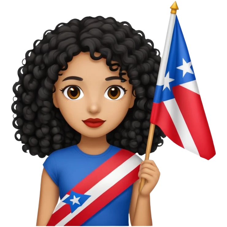 Tan skin girl with black curly hair holding a Puerto Rican flag emoji