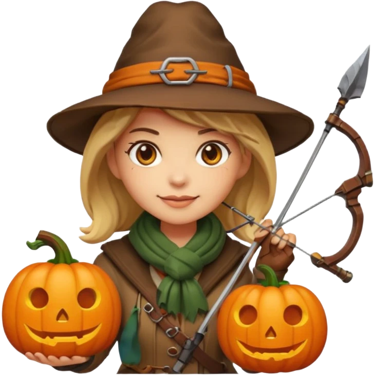female human monster hunter emoji, wearing brown coat and hat, holding crossbow, soft smile, scarf, glowing pumpkin by her side, Halloween fantasy style, clean vector Apple emoji look, bright colors, white background, square emoji