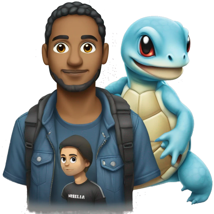 colombian software engineer with a squirtle and a mac. wearing a metallica t-shirt emoji