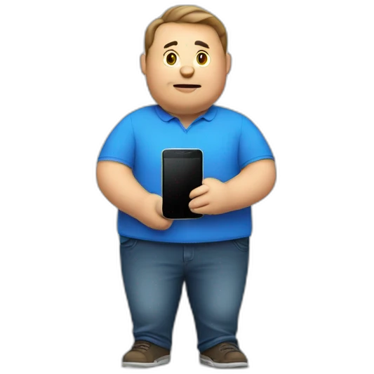 fat man in a blue shirt holding a phone emoji