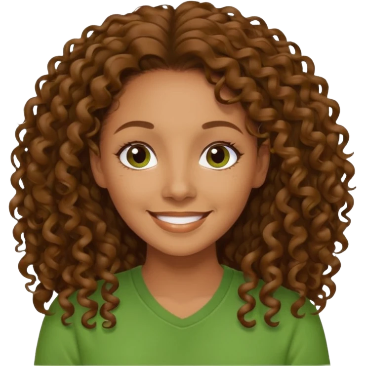 Melanie Brown with long brown curly hair, green shirt emoji