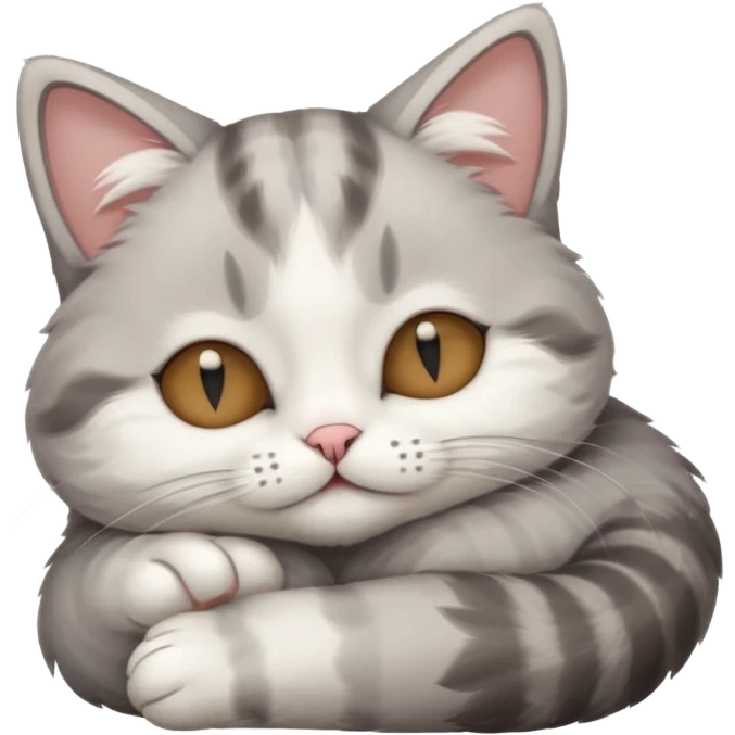 grey and white small cat with eyes closed lying down upside down with its head resting on its paw emoji