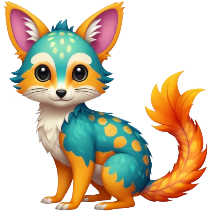 Feral Rare Fantasy vibrant colorful tropical cute, kawaii, cool, ed Vernid-Trico-species by LiLaiRa, random markings, tufted tail, tufted ears, full body, cheek markings emoji