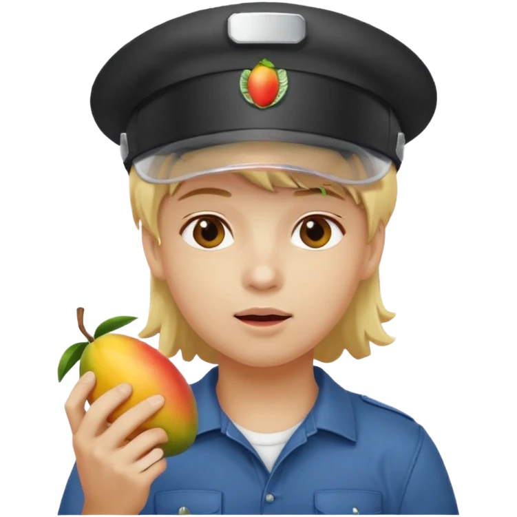 make a 67 mason eating mango name river but make him have blonde hair and a visor emoji
