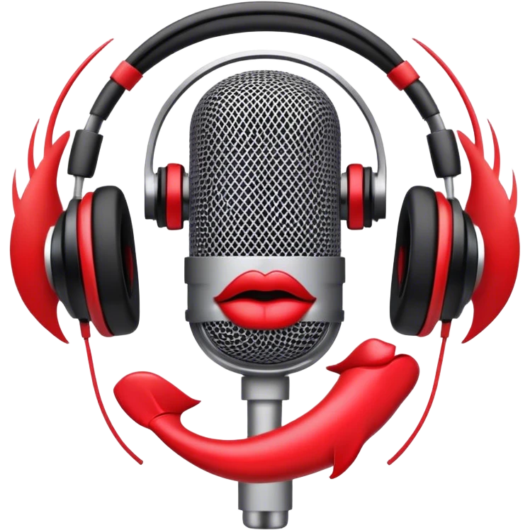 Create a dynamic and energetic emoji that represents beatboxing. The design should feature a stylized microphone with lips and sound waves emanating from it, symbolizing vocal percussion and rhythm. Add elements like headphones or a subtle speaker to emphasize the music production aspect. Use bold colors like black, white, and red to convey the intensity and creativity of beatboxing. The background should be transparent. emoji