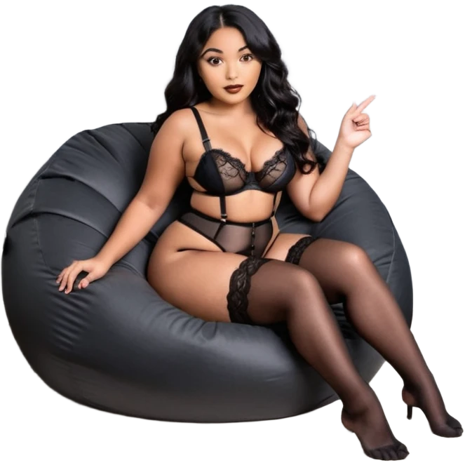 Curvy woman with brown skin with long wavy black hair, dark brown eyes. She's wearing a black lace lingerie, black lace thong, black stockings and suspender belt, she's sat on a big dark grey bean bag chair with her legs open and feet on the floor. She gestures you to come closer with her hand emoji