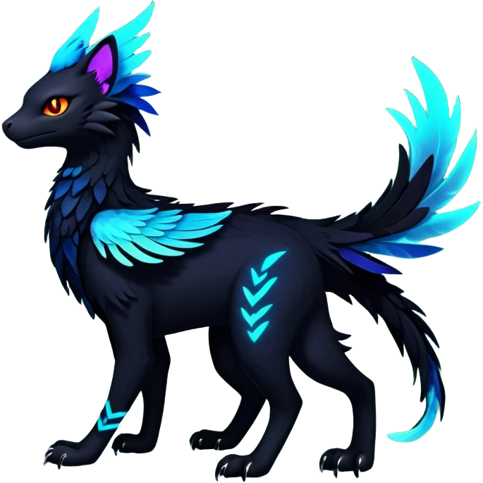 Black Dark Exotic Colorful Beaked Feathery Nocturnal Neon-glowing Abyssal Nightly Abyss-Cat-Gryphon-Salandit-Nargacuga-Silvally-Vernid-Sergal-Fakémon-Hybrid-Creature (full body) emoji