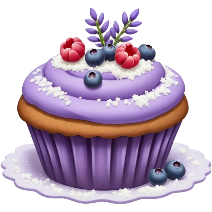 Lavender flower sprigs on a muffin with berries and sugar crystals emoji