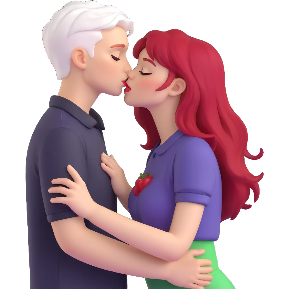 couple kissing, boy with PAPER WHITE SHORT HAIR (completely white), dark shirt, girl with long cherry red hair, light clothes emoji