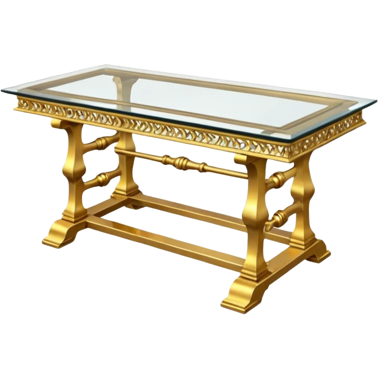 A glass topped rectangular trestle table with 2 side benches and 2 thrones at the ends emoji