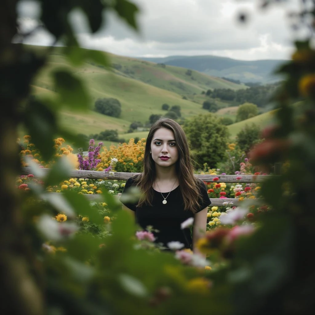 A portrait of a person in the foreground, blurred plants in the foreground (frame within a frame), a wooden fence and colorfull flowers in the midground, rolling hills in the background, cinematic depth of field, layered composition, natural lighting emoji