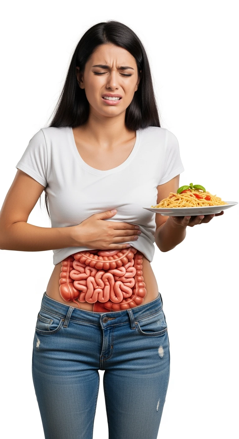 DONNA CON INTESTINO UMANO ANATOMICO REALISTICO IN EVIDENZA E MAL DI PANCIA MENTRE TIENE IN MANO UN PIATTO DI PASTA , IPERREALISTICO 4K, ISOLATO SU SFONDO BIANCO emoji